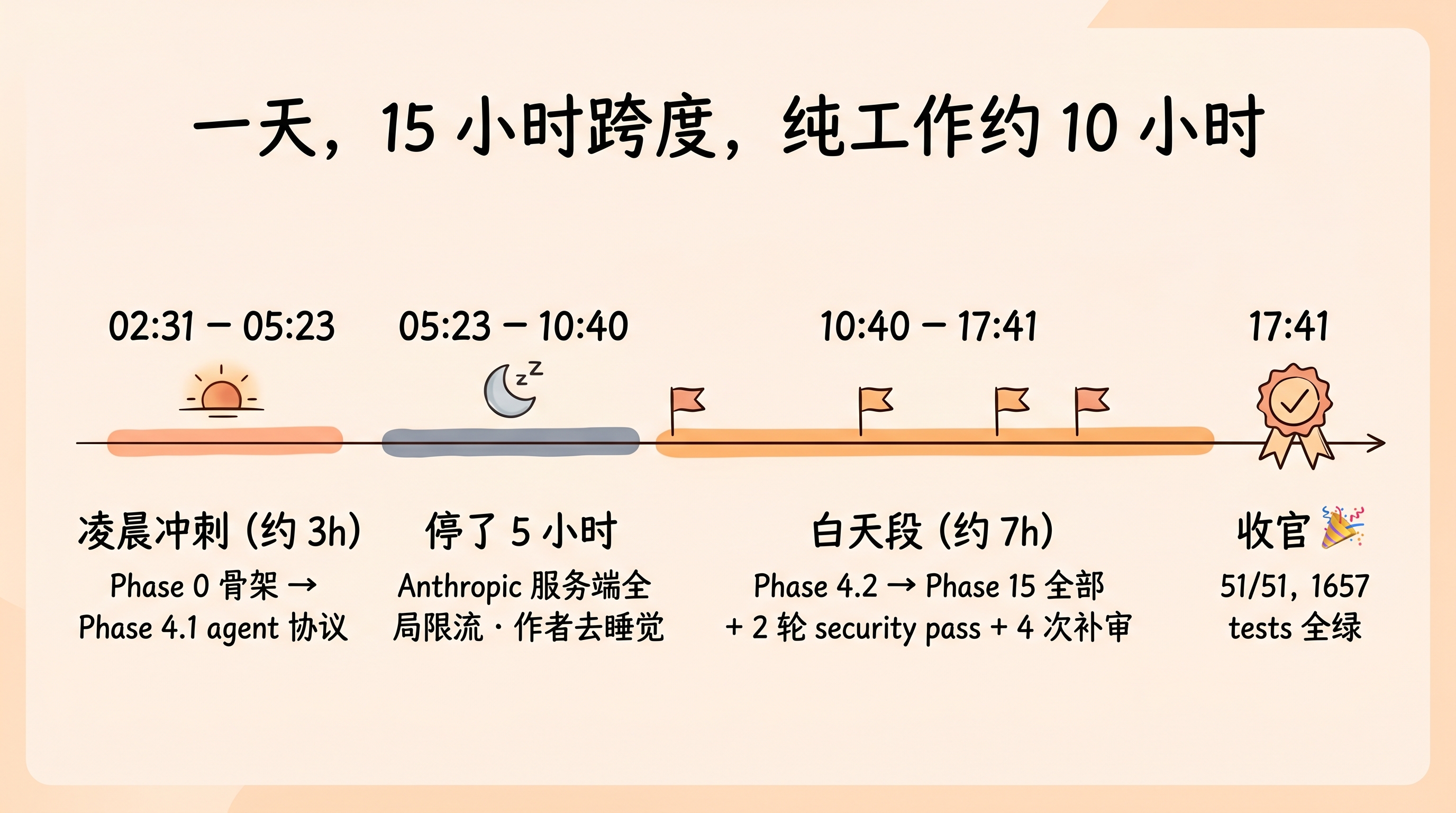 一天 15 小时:凌晨段 3h、限流停 5h、白天段 7h,17:41 收官