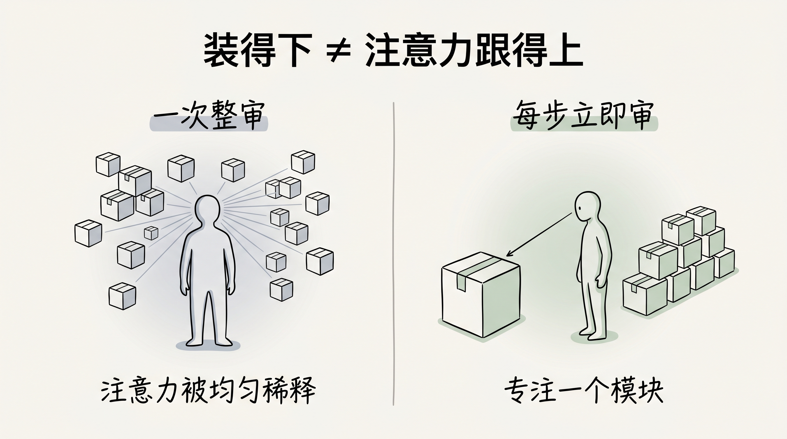 左边:一次整审——注意力被均匀稀释;右边:每步立即审——注意力锁在一个模块上